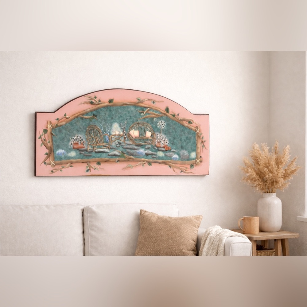 Hand Painted Wood Wall Art Garden Scene Cottage Farmhouse Decor